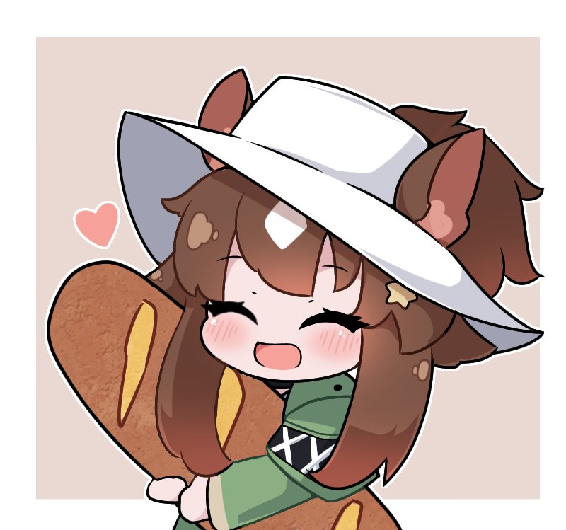 1girl :d ^_^ animal_ears arknights baguette bangs blush bread brown_background brown_hair chibi closed_eyes commentary ears_through_headwear english_commentary eyebrows_visible_through_hair facing_viewer food green_jacket heart jacket kurotofu long_hair meteor_(arknights) meteor_(bard's_holiday)_(arknights) multicolored_hair object_hug outline ponytail smile solo two-tone_background two-tone_hair upper_body white_background white_hair white_headwear white_outline