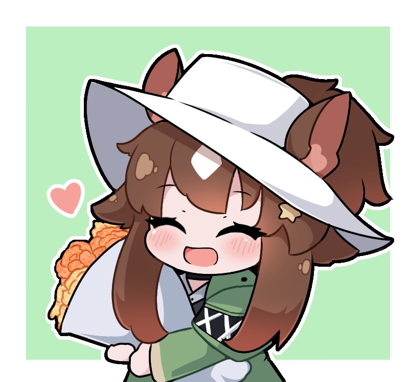 1girl :d ^_^ animal_ears arknights bangs blush bouquet brown_hair chibi closed_eyes commentary ears_through_headwear english_commentary eyebrows_visible_through_hair facing_viewer flower green_background green_jacket heart jacket kurotofu long_hair meteor_(arknights) meteor_(bard's_holiday)_(arknights) multicolored_hair object_hug orange_flower orange_rose outline ponytail rose smile solo two-tone_background two-tone_hair upper_body white_background white_hair white_headwear white_outline yellow_flower yellow_rose