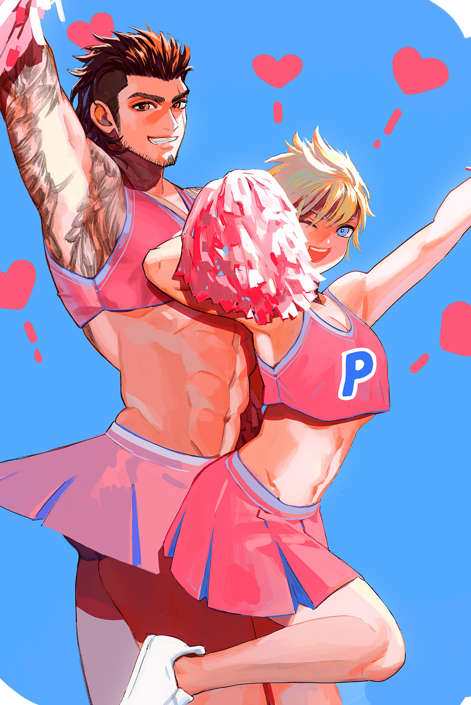 1boy 1girl abs armpits beard blonde_hair character_request cheering cheerleader crossdressing facial_hair feet_out_of_frame final_fantasy final_fantasy_xv gladiolus_amicitia hair_slicked_back heart highres in_higashiyama large_pectorals long_sideburns male_focus mature_male medium_hair midriff muscular muscular_male navel navel_hair nipples pectorals pink_shirt prompto_argentum scar scar_across_eye scar_on_face shirt sideburns smile stomach stubble thigh-highs undercut white_legwear