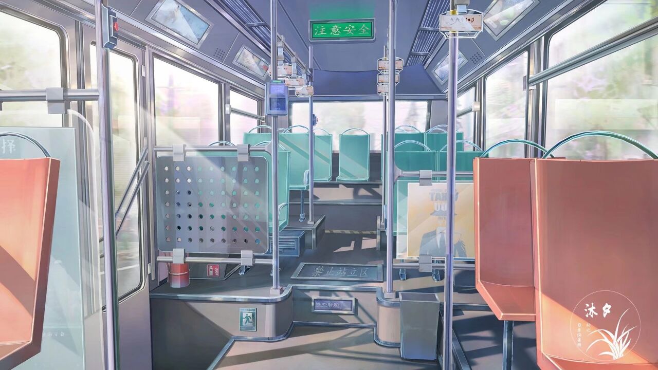 bus bus_interior chinese_commentary chinese_text commentary_request ground_vehicle motor_vehicle no_humans original scenery seat shadow sign trash_can watermark xingzhi_lv