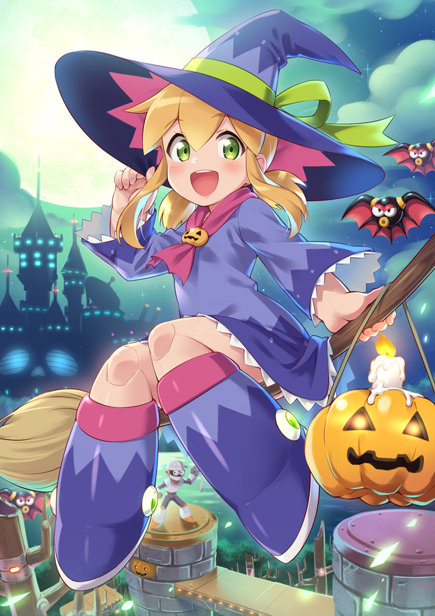 1girl alternate_costume bat blonde_hair blush bow broom broom_riding candle castle clouds cloudy_sky commentary_request dress full_body green_bow green_eyes green_ribbon halloween halloween_costume happy hat hat_bow hat_ribbon inou_shin jack-o'-lantern long_sleeves looking_at_viewer mega_man_(classic) mega_man_(series) night night_sky open_mouth pumpkin purple_dress purple_footwear purple_headwear ribbon robot roll_(mega_man) sidelocks sky teeth upper_teeth witch witch_hat