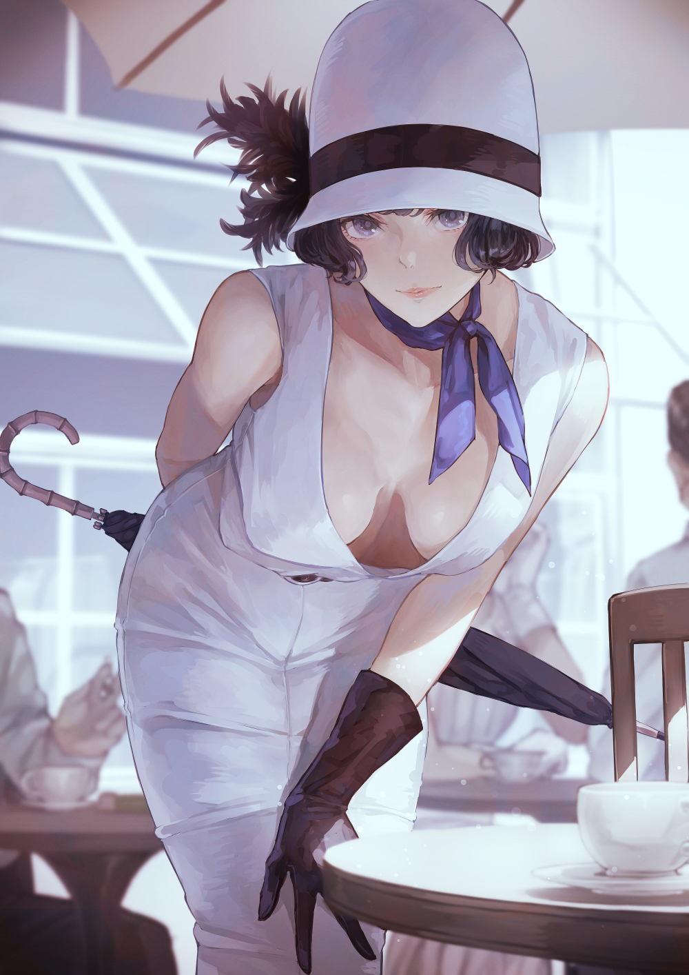 1girl black_gloves black_hair blue_ribbon breasts cafe coffee_cup cup disposable_cup dress gloves grey_eyes hair_ribbon hat highres indoors kaoming looking_at_viewer original ribbon solo umbrella white_dress white_headwear