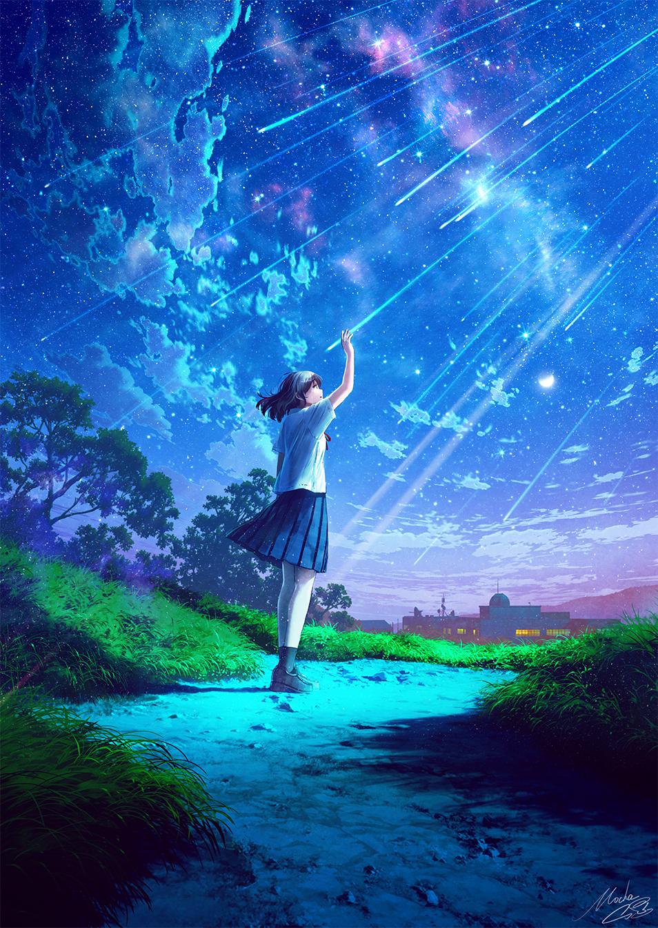 1girl black_hair black_legwear blue_skirt brown_footwear building clouds collared_shirt commentary_request crescent_moon grass highres loafers long_hair looking_away meteor_shower mocha_(cotton) moon night night_sky original outdoors parted_lips pleated_skirt shirt shoes short_sleeves signature skirt sky socks solo standing star_(sky) starry_sky tree white_shirt window