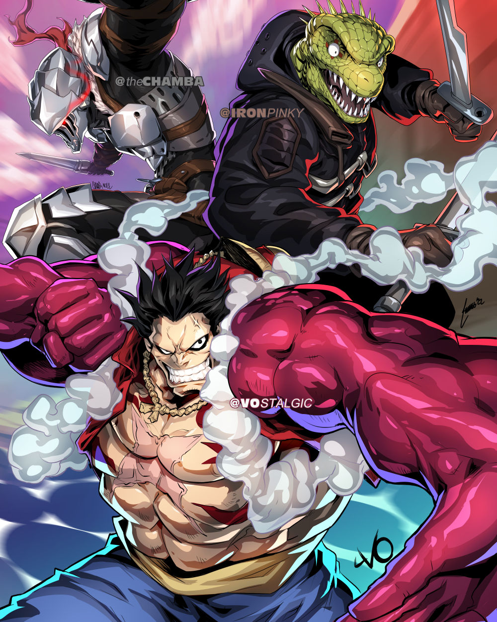 3boys abs armor black_hair black_jacket caiman_(dorohedoro) chamba collaboration crossover dorohedoro dual_wielding edwin_huang english_commentary gear_fourth glowing glowing_eye goblin_slayer goblin_slayer! helmet highres holding holding_sword holding_weapon hood hooded_jacket jacket lizardman long_vo making-of_available male_focus monkey_d._luffy multiple_boys muscular muscular_male one_piece open_hand pectorals red_eyes rope_necklace smile smoke sword twitter_username weapon