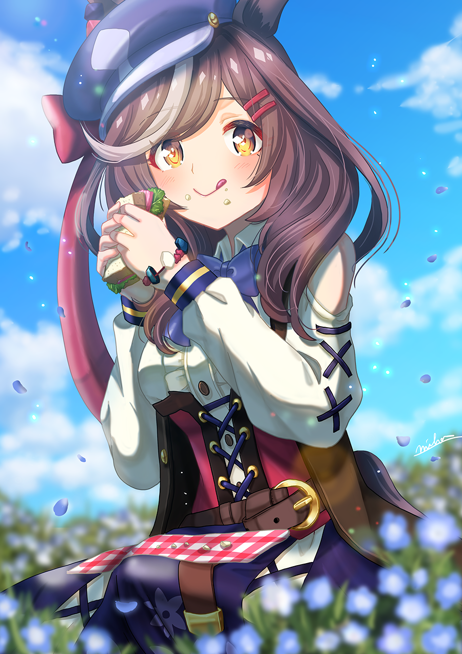 1girl :p animal_ears blurry blurry_background blurry_foreground blush breasts brown_hair clouds dirndl eating food german_clothes hair_ornament hairclip hat highres horse_ears horse_girl looking_at_viewer matikane_tannhauser_(umamusume) medium_breasts medium_hair otono_(bkt4b) sandwich sky solo tongue tongue_out umamusume yellow_eyes