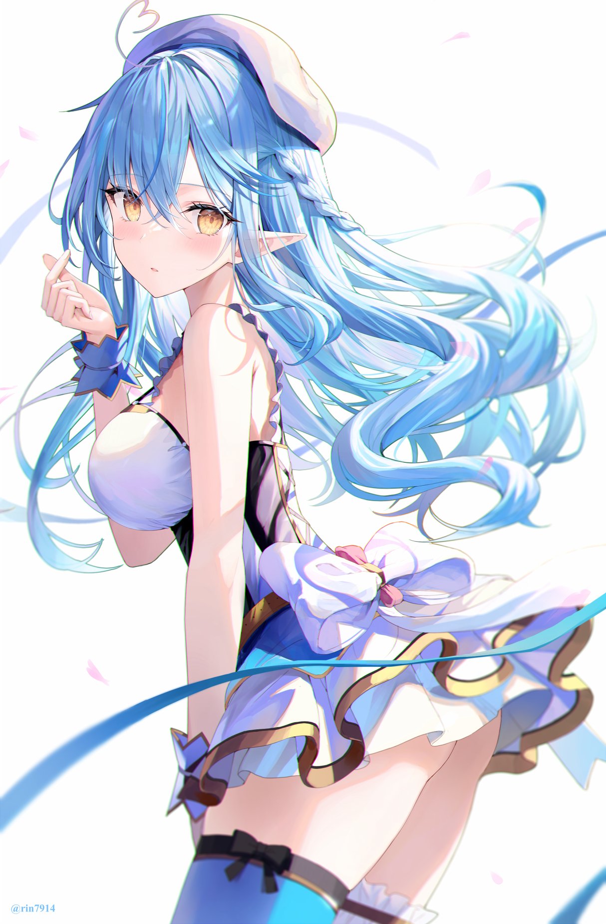 1girl ahoge bangs bare_arms blue_hair blue_legwear blue_ribbon blush braid breasts cowboy_shot dress elf eyebrows_visible_through_hair finger_heart from_side hair_between_eyes hat heart_ahoge highres hololive large_breasts long_hair looking_at_viewer looking_to_the_side multicolored_hair parted_lips pointy_ears ribbon rin_yuu sleeveless sleeveless_dress solo standing streaked_hair thigh-highs virtual_youtuber white_dress white_headwear yellow_eyes yukihana_lamy