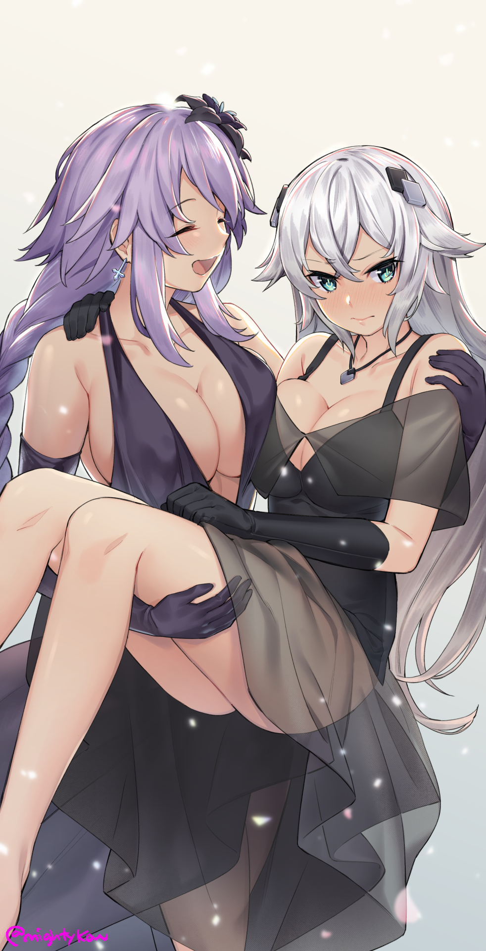 2girls bare_legs black_dress black_heart braid breasts carrying closed_eyes commentary commission dress earrings elbow_gloves embarrassed english_commentary ge-b gloves green_eyes hair_between_eyes happy highres jewelry large_breasts long_hair medium_breasts multiple_girls neptune_(series) open_mouth princess_carry purple_heart sidelocks smile white_hair