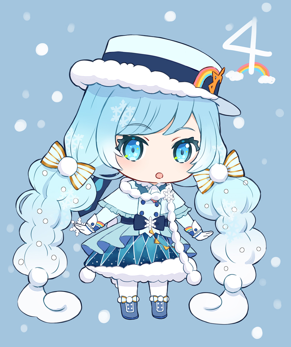 1girl :o arms_at_sides azaka_(pipponao) blue_background blue_capelet blue_dress blue_eyes blue_footwear blue_hair blue_headwear blue_ribbon boots bow capelet curly_hair dress full_body fur-trimmed_dress fur_trim gloves hair_bow hair_ornament hat hat_ornament hat_ribbon hatsune_miku long_hair long_sleeves multi-tied_hair multicolored_hair pantyhose pom_pom_(clothes) pom_pom_hair_ornament rainbow ribbon sash scarf simple_background snowflake_ornament snowflake_print snowing standing star_(symbol) star_in_eye starry_sky_print sun_symbol symbol_in_eye twintails two-tone_hair very_long_hair vocaloid white_bow white_gloves white_legwear white_scarf yuki_miku