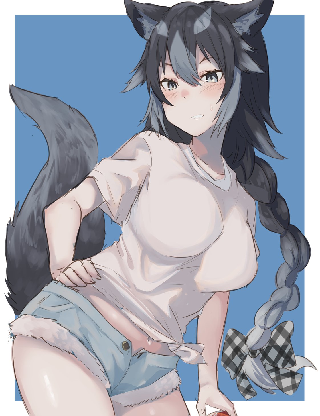 1girl animal_ear_fluff animal_ears arm_at_side bangs black_hair blush bow braid braided_ponytail breasts buttons cowboy_shot denim denim_shorts fur_trim grey_eyes grey_hair hair_between_eyes hair_bow hand_on_hip highres holding kaku_(drawing_twi) large_breasts leaning_to_the_side long_hair looking_at_viewer low-tied_long_hair midriff_peek multicolored_hair navel open_fly original parted_lips shirt short_shorts short_sleeves shorts single_braid sketch solo stomach t-shirt tail tied_shirt two-tone_hair unbuttoned very_long_hair wolf_ears