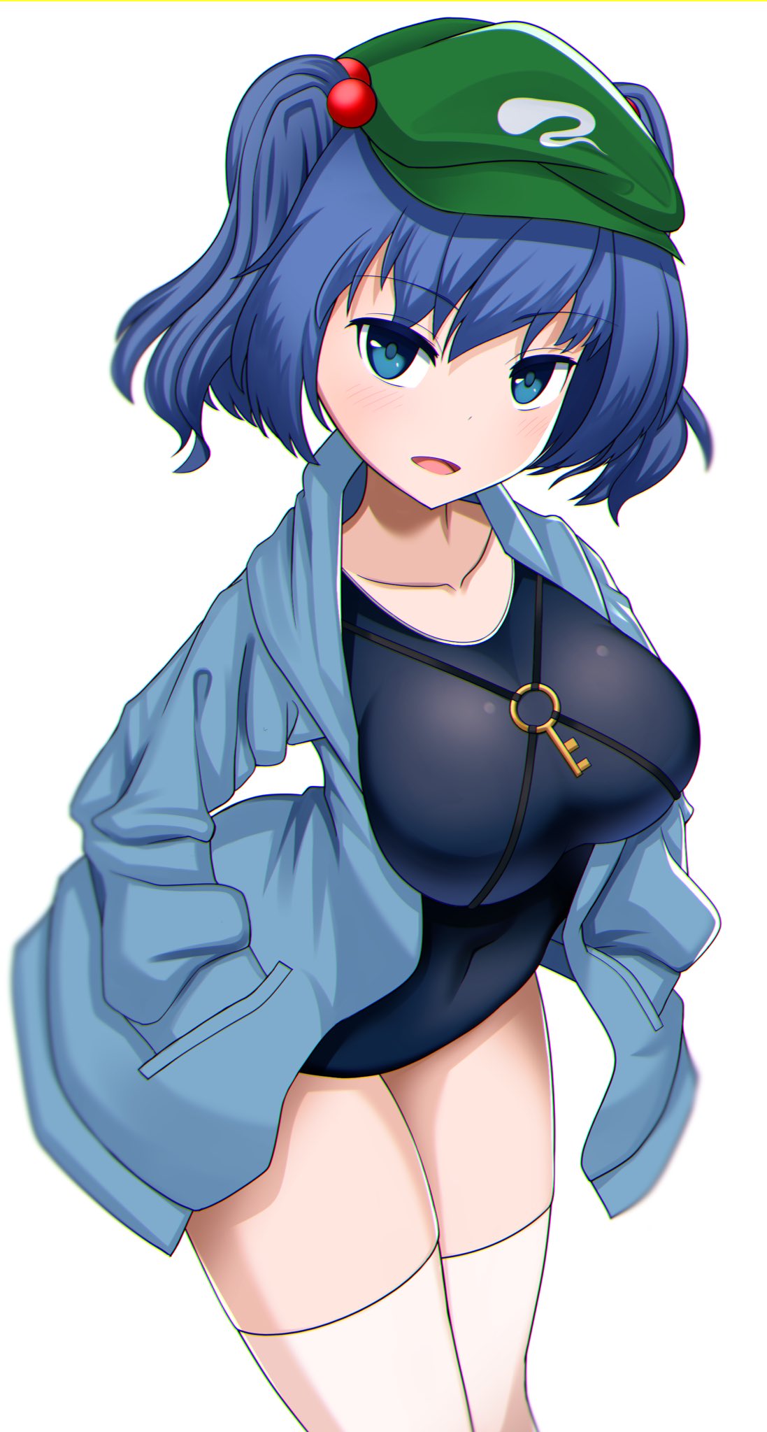 1girl bangs blue_coat blue_eyes blue_hair blue_hoodie breasts cabbie_hat coat collarbone commentary_request covered_navel cowboy_shot flat_cap green_hair green_headwear hair_bobbles hair_ornament hands_in_pockets hat highres hood hoodie kawashiro_nitori key_necklace large_breasts leaning_forward looking_at_viewer medium_breasts necktie one-piece_swimsuit simple_background swimsuit thigh-highs touhou twintails two_side_up white_background white_legwear zawapirori zipper