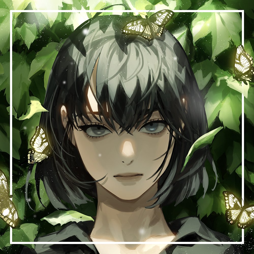 1girl black_hair blackbox_(blackbox9158) bug butterfly butterfly_on_head closed_mouth grey_eyes hair_between_eyes korean_commentary light_particles looking_at_viewer mole mole_under_eye omniscient_reader's_viewpoint solo sooyoung_han sunlight upper_body vegetation wing_collar