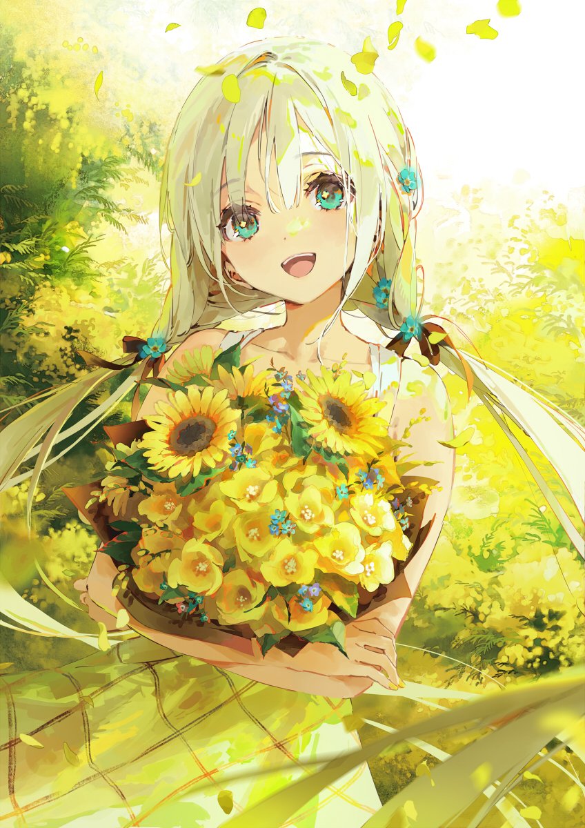 1girl bangs blue_eyes crossed_arms dress dsmile flower hair_flower hair_ornament highres holding holding_flower looking_at_viewer low_twintails open_mouth original petals smile solo sunflower twintails upper_body white_hair wind yellow_theme