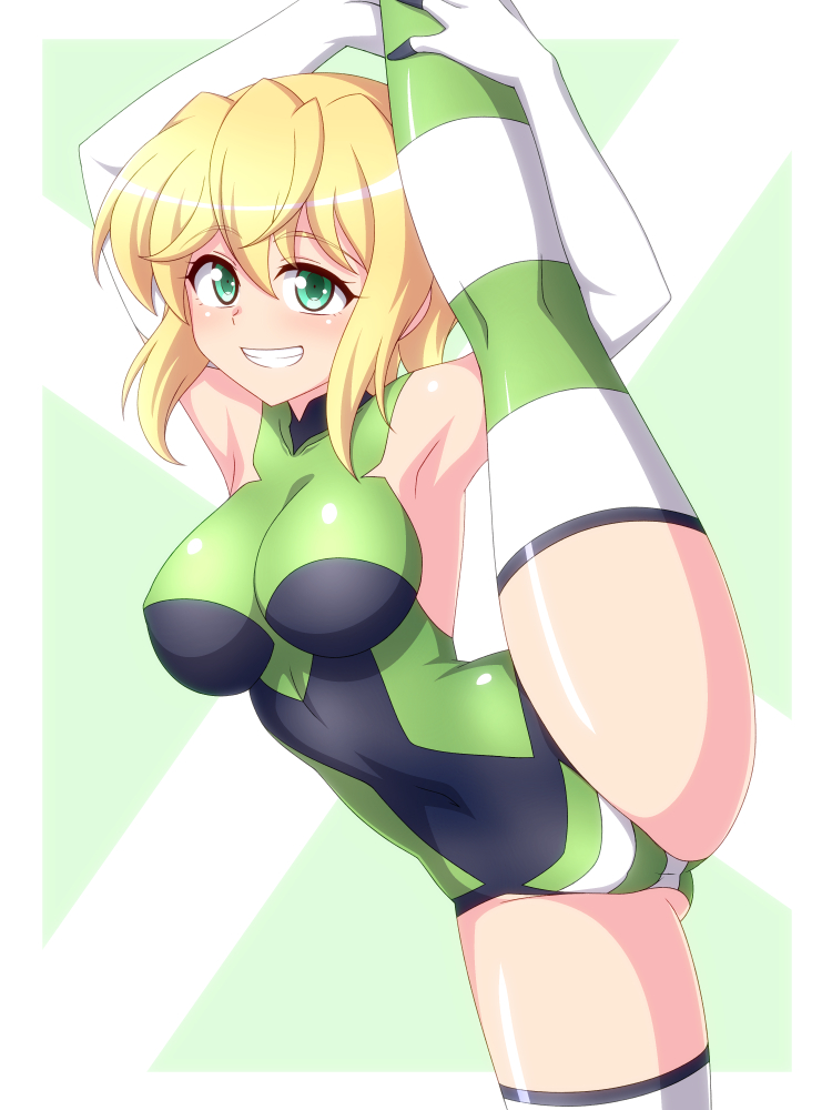 1girl akatsuki_kirika armpits blonde_hair breasts covered_navel flexible green_eyes green_leotard large_breasts leg_hold leg_lift leg_up leotard looking_at_viewer parted_lips senki_zesshou_symphogear shiny shiny_clothes shiny_hair shiny_skin short_hair skin_tight smile split standing standing_on_one_leg standing_split striped striped_legwear teeth thigh-highs zetsumu