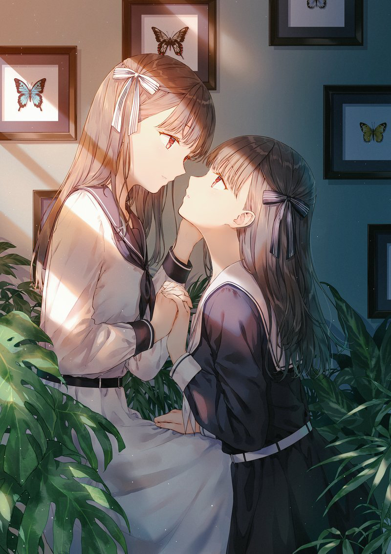 2girls bangs blue_butterfly blue_neckerchief blue_ribbon blue_sailor_collar blue_shirt blue_skirt brown_hair bug butterfly closed_mouth eye_contact face-to-face hair_ribbon hand_on_another's_face hand_up hiten_(hitenkei) indoors light_particles light_rays long_hair long_sleeves looking_at_another looking_down looking_up multiple_girls neckerchief original plant red_eyes ribbon sailor_collar school_uniform serafuku shirt skirt smile standing white_butterfly white_neckerchief white_sailor_collar white_shirt white_skirt yellow_butterfly yuri