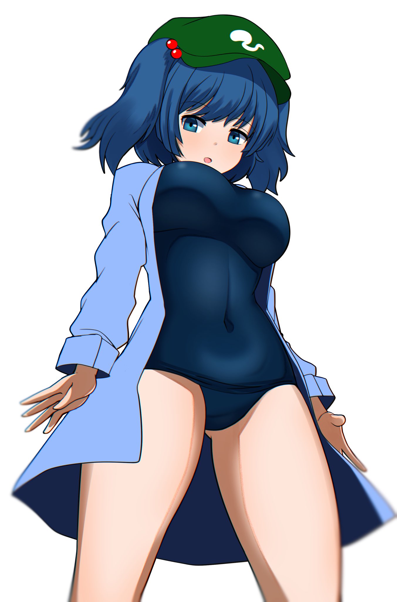 1girl alternate_costume bangs black_swimsuit blue_coat blue_eyes blue_hair breasts coat flat_cap green_headwear hair_bobbles hair_ornament hat highres kawashiro_nitori large_breasts long_sleeves looking_at_viewer one-hour_drawing_challenge one-piece_swimsuit open_mouth short_hair simple_background solo standing swimsuit touhou two_side_up white_background zawapirori
