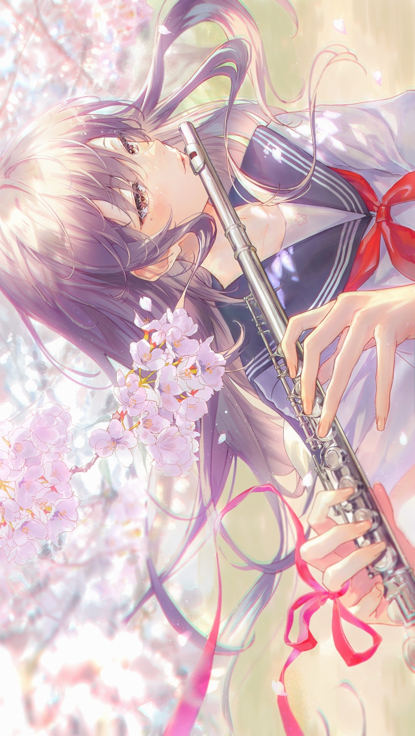1girl bangs blue_sailor_collar blush bow branch brown_eyes brown_hair cherry_blossoms commentary_request dappled_sunlight eyebrows_visible_through_hair floating_hair flute hair_between_eyes hair_over_eyes haru_(hiyori-kohal) highres instrument long_hair mole mole_under_eye music original outdoors parted_lips petals playing_instrument pursed_lips red_bow red_ribbon ribbon sailor_collar school_uniform sideways solo striped sunlight tree wavy_hair wind