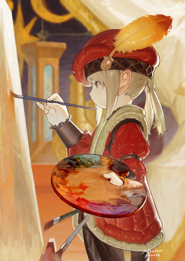 1girl avatar_(ff14) bangs blonde_hair blue_eyes canvas_(object) coat final_fantasy final_fantasy_xiv from_side hat hat_feather holding holding_paintbrush holding_palette indoors lalafell medium_hair n122425 paintbrush painting palette_(object) pointy_ears profile red_coat red_headwear signature solo split_ponytail standing