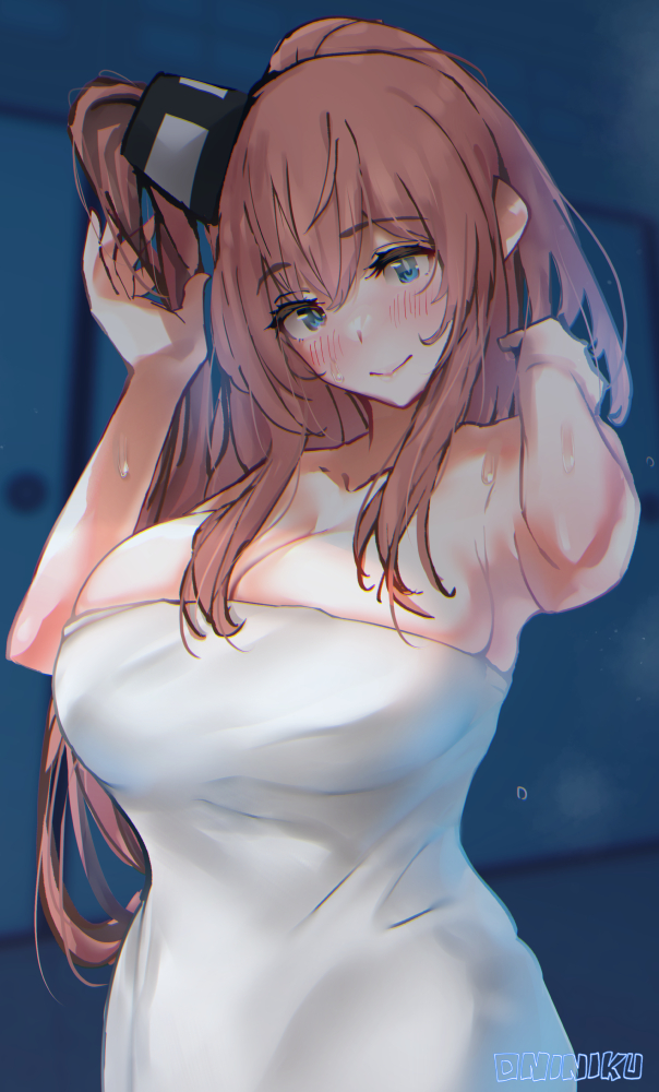 1girl blue_eyes breasts brown_hair hair_between_eyes kantai_collection large_breasts long_hair mani_oniniku naked_towel ponytail saratoga_(kancolle) side_ponytail sidelocks smokestack_hair_ornament solo towel