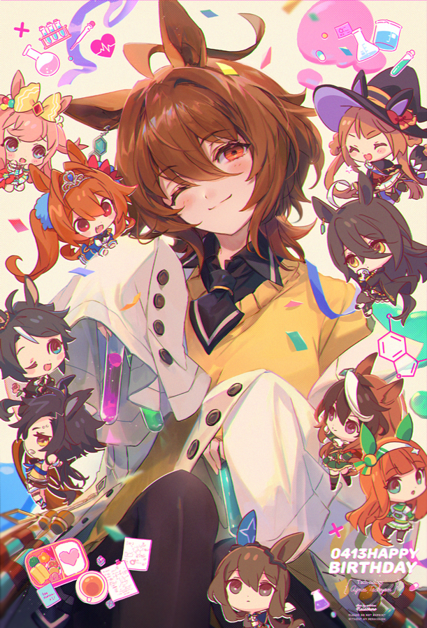 6+girls admire_vega_(umamusume) agnes_digital_(umamusume) agnes_tachyon_(umamusume) ahoge air_shakur_(umamusume) animal_ears bangs bento black_hair black_legwear black_necktie black_shirt brown_hair chibi closed_mouth collared_shirt confetti cup daiwa_scarlet_(umamusume) dated earrings erlenmeyer_flask flask fuji_kiseki_(umamusume) hairband happy_birthday head_tilt horse_ears jewelry labcoat long_hair looking_at_viewer manhattan_cafe_(umamusume) medium_hair multiple_girls necktie off_shoulder one_eye_closed orange_eyes orange_hair pink_hair pipette round-bottom_flask shirt short_necktie signature silence_suzuka_(umamusume) single_earring sleeves_past_fingers sleeves_past_wrists smile sweater sweep_tosho_(umamusume) symboli_rudolf_(umamusume) teacup test_tube tiara twintails umamusume welchino yellow_sweater