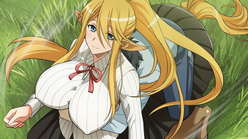 1boy 1girl absurdly_long_hair animal_ears artist_request blonde_hair blue_eyes breasts centaur centorea_shianus covered_nipples eyebrows_visible_through_hair game_cg grass high_ponytail horse_ears hug hug_from_behind huge_breasts impossible_clothes long_hair monster_musume_no_iru_nichijou monster_musume_no_iru_nichijou_online official_alternate_costume official_art outdoors pointy_ears riding shirt sidelocks taur very_long_hair waist_hug white_shirt