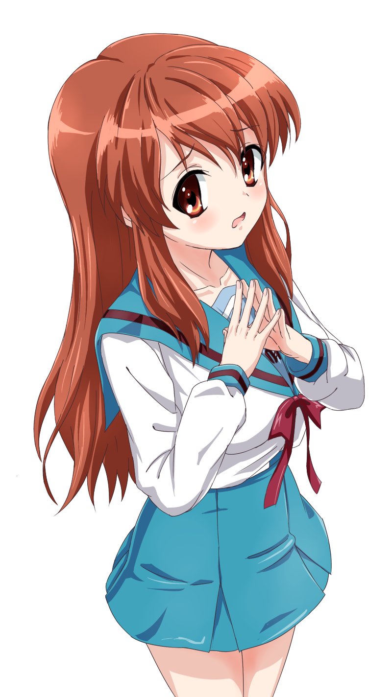 1girl asahina_mikuru bangs blue_sailor_collar blue_skirt collarbone commentary_request embarrassed eyebrows_visible_through_hair fingers from_above highres kita_high_school_uniform long_hair long_sleeves looking_at_viewer open_mouth orange_eyes orange_hair red_ribbon ribbon sailor_collar school_uniform serafuku simple_background sincos skirt solo suzumiya_haruhi_no_yuuutsu thighs white_background