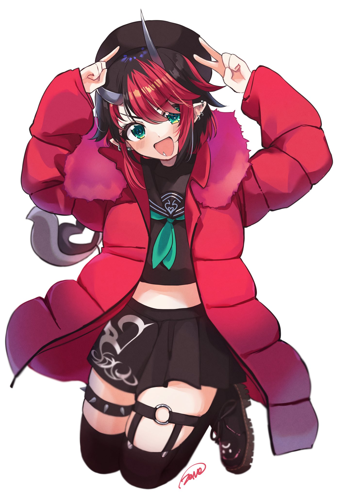 1girl :d bangs beret black_footwear black_hair black_headwear black_legwear black_serafuku black_skirt blue_eyes blue_neckerchief blush breasts coat commentary_request crop_top demon_girl demon_horns demon_tail ear_piercing eyebrows_visible_through_hair full_body garters grey_horns hair_between_eyes hat highres horns jumping looking_at_viewer multicolored_hair neckerchief official_alternate_costume open_clothes open_coat open_mouth piercing pointy_ears red_coat redhead ryugasaki_rene school_uniform serafuku shoes short_hair signature simple_background skirt smile sneakers solo spiked_thighlet sugar_lyric tail thigh-highs two-tone_hair v virtual_youtuber white_background zono_(inokura_syuzo029)