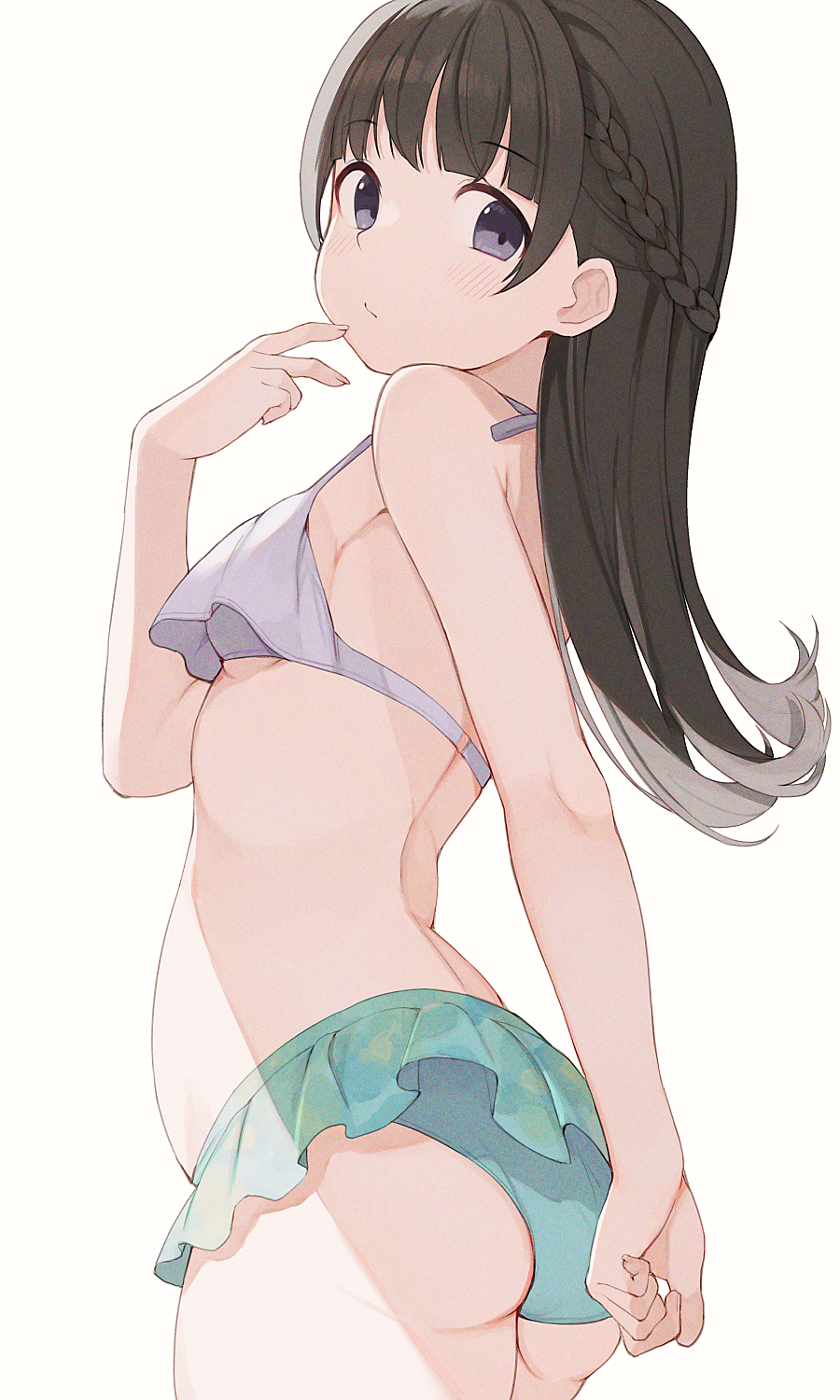 1girl arms_behind_back ass back bangs belly bikini blush braid breasts brown_hair closed_mouth eyebrows_visible_through_hair frilled_swimsuit frills hand_on_own_face hand_up highres hiroki_(yyqw7151) long_hair looking_at_viewer looking_back mismatched_bikini original small_breasts swimsuit swimsuit_skirt thighs violet_eyes white_background