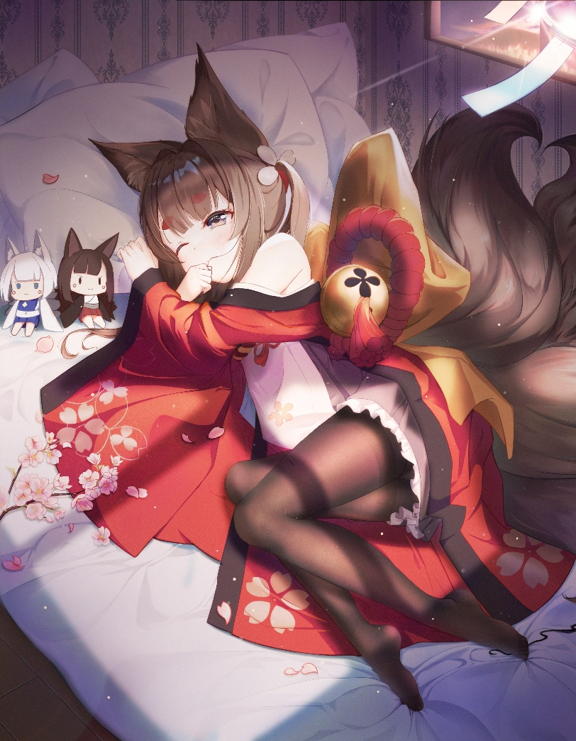 1girl akagi_(azur_lane) amagi-chan_(azur_lane) animal_ear_fluff animal_ears azur_lane bangs bed bed_sheet bell black_kimono blue_eyes blue_kimono blush branch breasts brown_hair brown_legwear brown_tail cherry_blossoms chou_(1092086648) commentary_request doll eyebrows eyebrows_visible_through_hair feet floor floral_print flower fox_ears fox_tail frills full_body hair_ornament hair_ribbon hairpin hakama hand_to_own_mouth holding holding_hair indoors japanese_clothes kaga_(azur_lane) kimono kitsune kyuubi legs legs_together light light_rays long_hair long_sleeves low_twintails lying medium_breasts multicolored_clothes multicolored_kimono multiple_tails obi off-shoulder_kimono off_shoulder on_bed on_side one_eye_closed pantyhose petals pillow print_kimono red_hakama red_kimono ribbon room rope sash shimenawa sidelocks slit_pupils tail twintails violet_eyes white_hair white_kimono white_tail wide_sleeves window wooden_floor