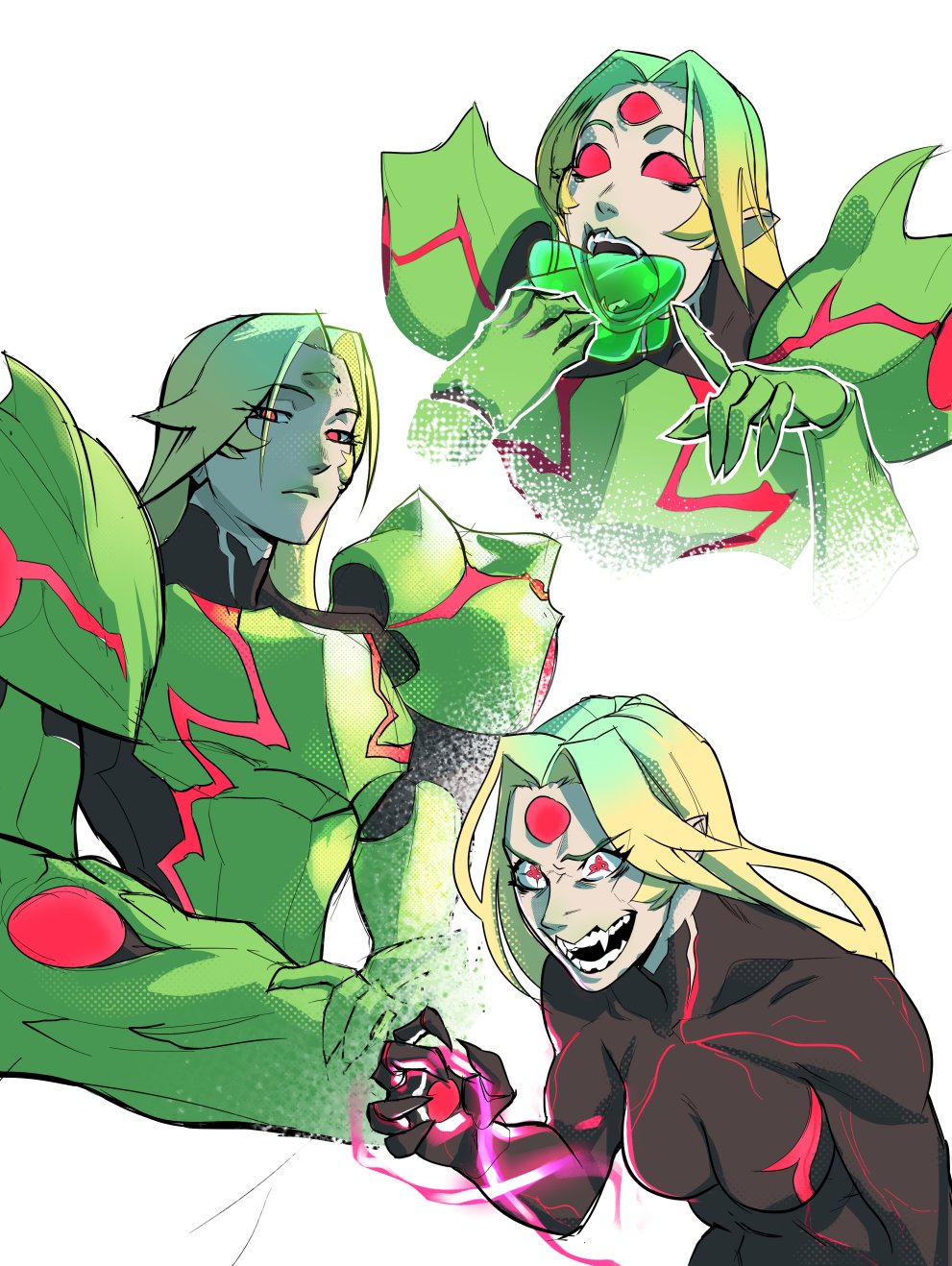 1girl alternate_form arm_cannon black_bodysuit blonde_hair bodysuit breasts claws eating fangs glowing glowing_eyes glowing_hand green_hair highres long_hair metroid metroid_dread metroid_suit monsterification multicolored_hair muscular muscular_female official_alternate_costume open_mouth pointing pointy_ears red_eyes samus_aran symbol-shaped_pupils third_eye two-tone_hair upper_body weapon x_parasite zearcier