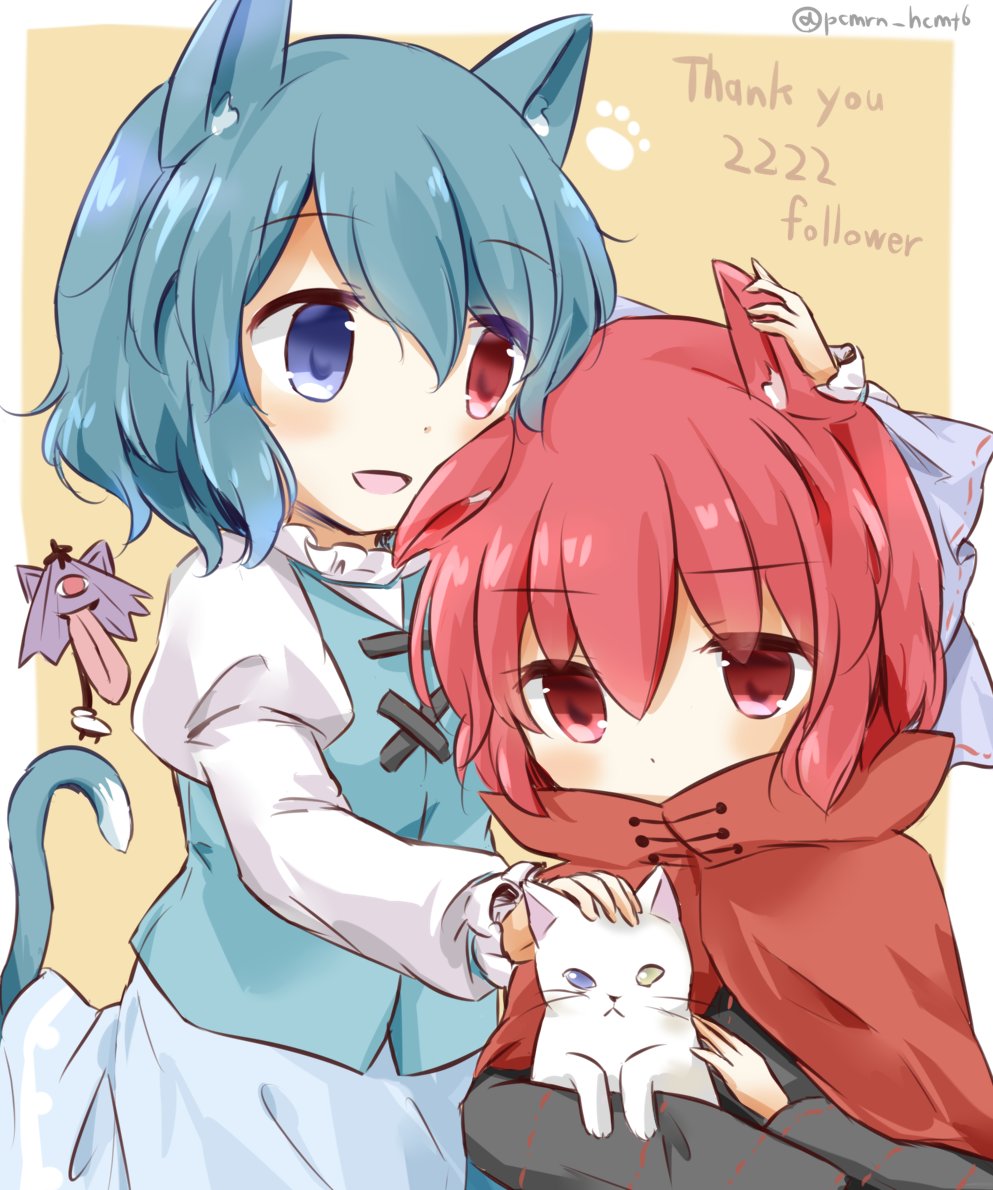 2girls :d animal animal_ears bangs blue_bow blue_eyes blue_hair bow cat cat_ears cat_tail celebration cloak english_text eyebrows_visible_through_hair hair_bow heterochromia holding holding_animal juliet_sleeves karakasa_obake long_sleeves looking_at_another looking_at_viewer multiple_girls open_mouth puchimirin puffy_sleeves purple_umbrella red_eyes redhead sekibanki short_hair smile symbol-only_commentary tail tatara_kogasa touhou twitter_username umbrella