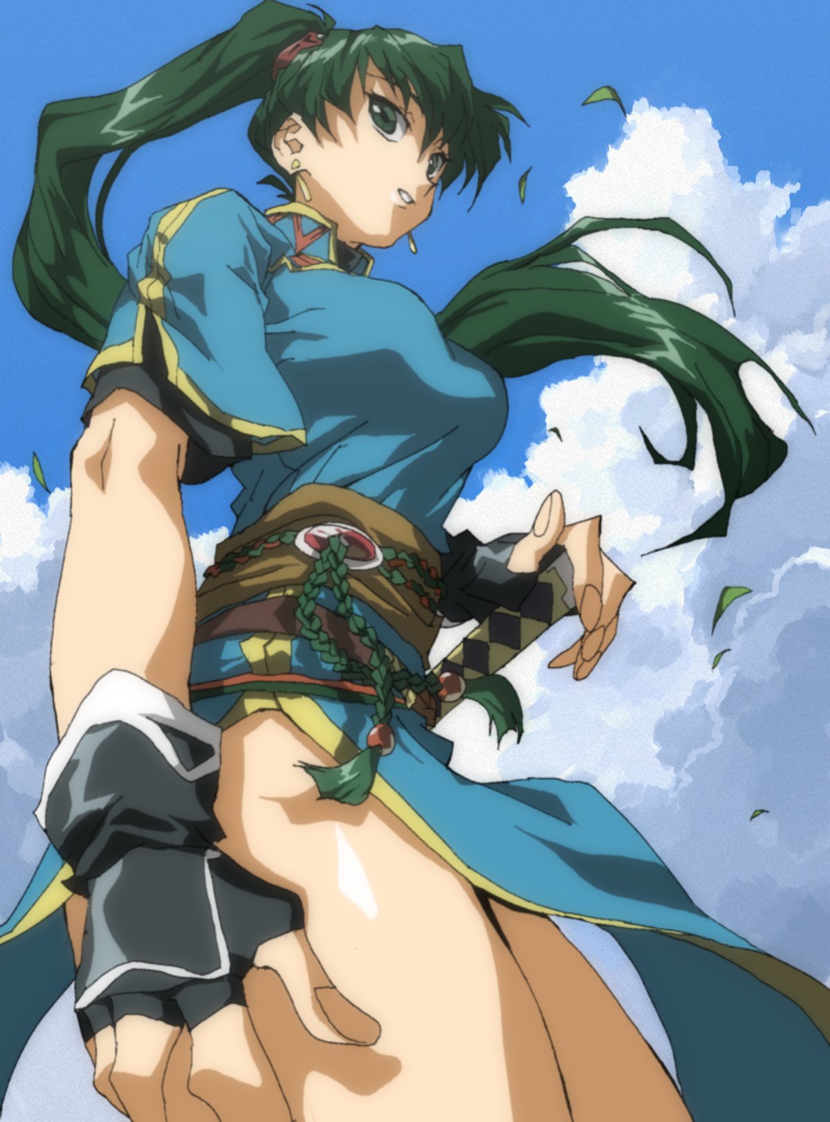 1girl bangs blue_sky breasts clouds cloudy_sky earrings fingerless_gloves fire_emblem fire_emblem:_the_blazing_blade from_below gloves green_eyes green_hair high_collar highres jewelry katana large_breasts long_hair lyn_(fire_emblem) ponytail shino_(2919) sky solo sword thighs weapon