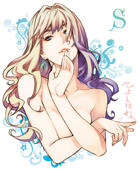 1girl bare_shoulders blonde_hair blue_eyes collarbone earrings hiyoshi_hana jewelry lips long_hair looking_at_viewer macross macross_frontier sheryl_nome single_earring solo topless upper_body white_background