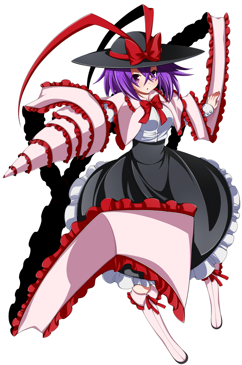 1girl bangs black_headwear black_skirt bow bowtie capelet drill eichi_yuu frilled_shawl frilled_skirt frills hat hat_bow highres looking_at_viewer nagae_iku open_mouth pink_capelet purple_hair red_bow red_bowtie shawl shirt short_hair simple_background skirt solo touhou violet_eyes white_background white_shirt