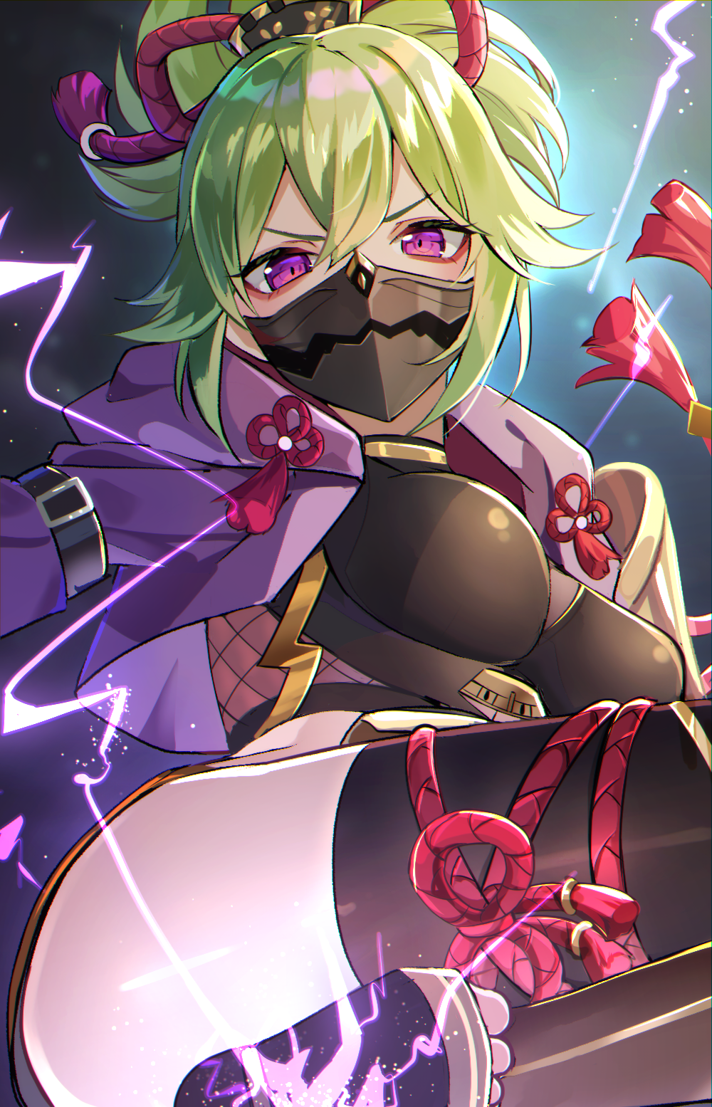 1girl bangs black_legwear breasts commentary_request cropped_jacket feet_out_of_frame genshin_impact goroo_(eneosu) green_hair hair_between_eyes highres hood hood_down hooded_jacket jacket kuki_shinobu looking_at_viewer mask medium_breasts mouth_mask open_clothes open_jacket purple_jacket solo thigh-highs v-shaped_eyebrows violet_eyes