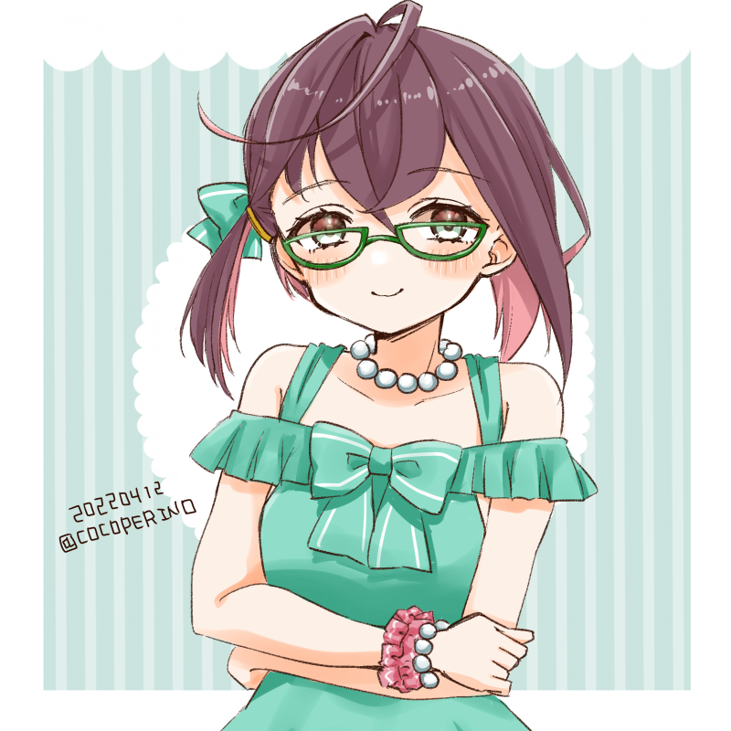1girl adapted_costume alternate_costume aqua_dress blue-framed_eyewear bracelet brown_hair cocoperino commentary_request dated dress glasses green_eyes jewelry kantai_collection multicolored_hair necklace okinami_(kancolle) one-hour_drawing_challenge pearl_necklace pink_hair short_hair sleeveless sleeveless_dress smile solo twitter_username upper_body
