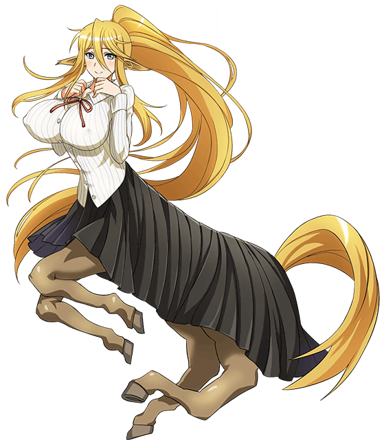 1girl absurdly_long_hair animal_ears artist_request blonde_hair blue_eyes breasts centaur centorea_shianus covered_nipples eyebrows_visible_through_hair full_body high_ponytail horse_ears huge_breasts long_hair monster_musume_no_iru_nichijou monster_musume_no_iru_nichijou_online official_alternate_costume official_art pointy_ears shirt sidelocks solo taur transparent_background very_long_hair white_shirt