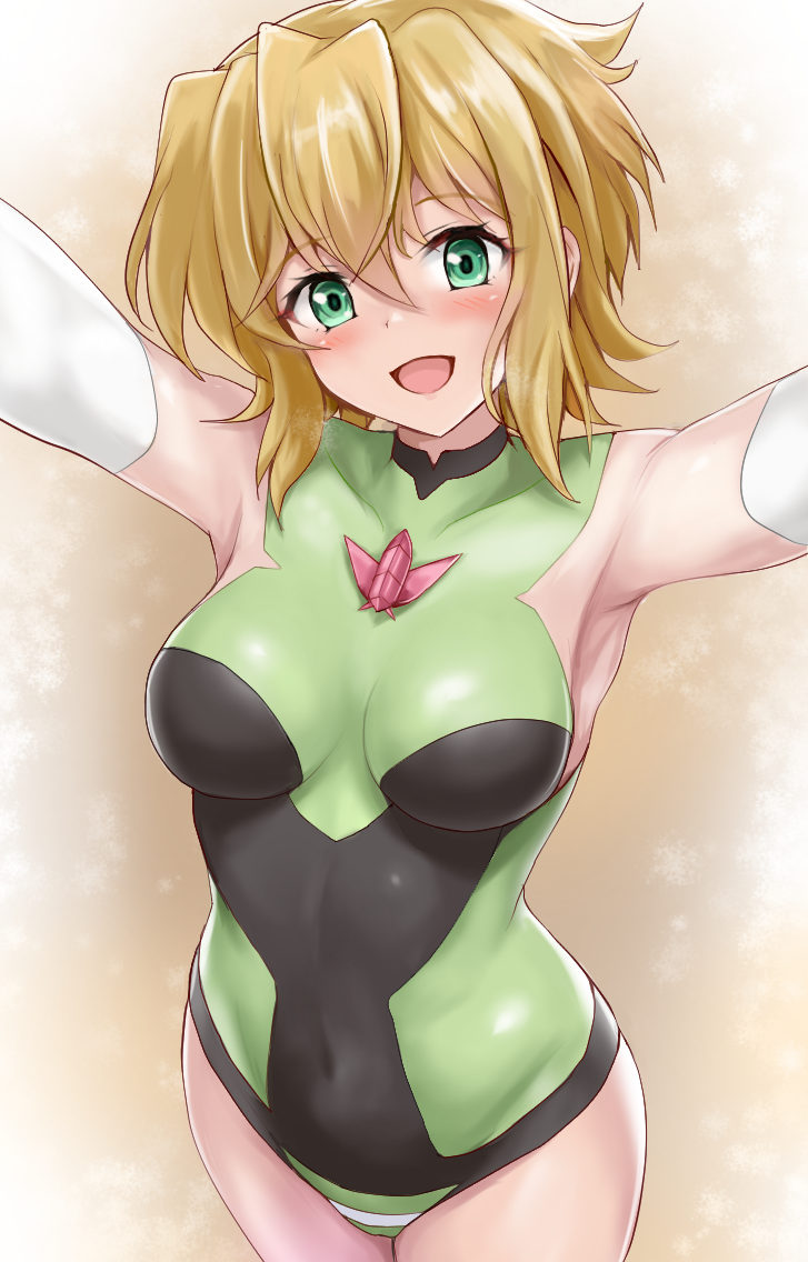 1girl akatsuki_kirika armpits blonde_hair blush breasts covered_navel covered_nipples elbow_gloves gloves green_eyes leotard looking_at_viewer medium_breasts open_mouth outstretched_arms r-binon senki_zesshou_symphogear shiny shiny_hair shiny_skin short_hair skin_tight smile solo standing striped