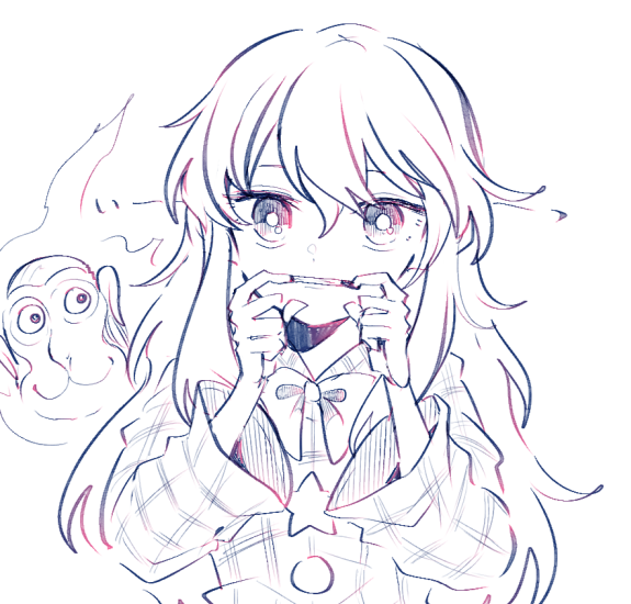 1girl :3 bow bowtie bright_pupils dot_nose finger_in_own_mouth fire flame floating floating_object hair_between_eyes hands_up hata_no_kokoro hatching_(texture) itomugi-kun linear_hatching long_hair long_sleeves looking_at_viewer mask mixed_media monkey_mask monochrome mouth_pull parted_lips plaid simple_background sketch solo star_(symbol) teeth touhou traditional_media upper_body white_background white_pupils wide_sleeves