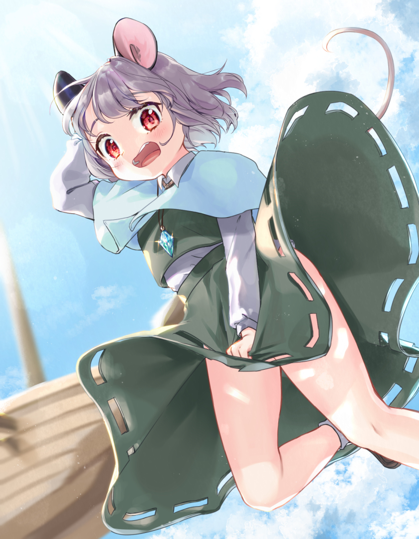 1girl animal_ears ari_don bangs black_vest blue_capelet capelet clouds day grey_hair hand_up jewelry long_sleeves mouse_ears mouse_tail nazrin open_mouth outdoors pendant red_eyes shirt socks solo tail touhou vest white_legwear white_shirt wind wind_lift