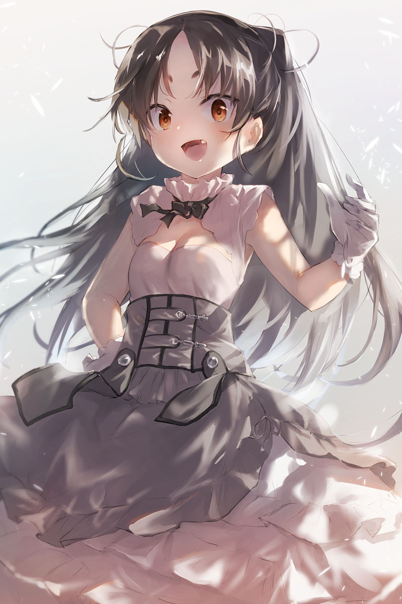 1girl black_hair breasts brown_eyes conte_di_cavour_(kancolle) conte_di_cavour_nuovo_(kancolle) conte_di_cavour_nuovo_(kancolle)_(cosplay) cosplay dress fang gloves grey_background highres kantai_collection layered_dress long_hair nisshin_(kancolle) open_mouth short_sleeves small_breasts smile solo toka_(marchlizard) very_long_hair white_dress white_gloves