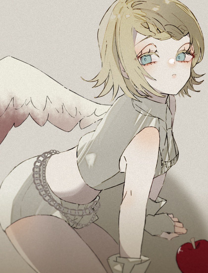 1girl angel angel_wings aqua_eyes bare_shoulders blonde_hair braid braided_bangs chain chain_belt colored_eyelashes crop_top fingerless_gloves gloves half-closed_eyes himitsu_~kuro_no_chikai~_(vocaloid) kagamine_rin maca1227 midriff pale_skin parted_lips shirt short_hair shorts sleeveless sleeveless_shirt vocaloid white_gloves white_shirt white_shorts wings