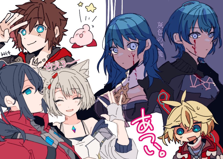 animal_ears black_coat black_hair blonde_hair blood blue_eyes blue_hair blush breasts byleth_(fire_emblem) byleth_eisner_(female) byleth_eisner_(male) cat_ears chest_jewel closed_eyes closed_mouth coat collarbone dual_persona fire_emblem fire_emblem:_three_houses fire_emblem_warriors fire_emblem_warriors:_three_hopes hair_ornament jacket kingdom_hearts_iv kirby kirby_(series) kirby_and_the_forgotten_land large_breasts long_hair looking_at_viewer medium_hair mio_(xenoblade) monado mugimugis multiple_girls noah_(xenoblade) open_mouth ponytail red_jacket riku_(kingdom_hearts) short_hair shulk_(xenoblade) simple_background smile sora_(kingdom_hearts) tank_top white_hair white_jacket white_tank_top xenoblade_chronicles xenoblade_chronicles_(series) yellow_eyes