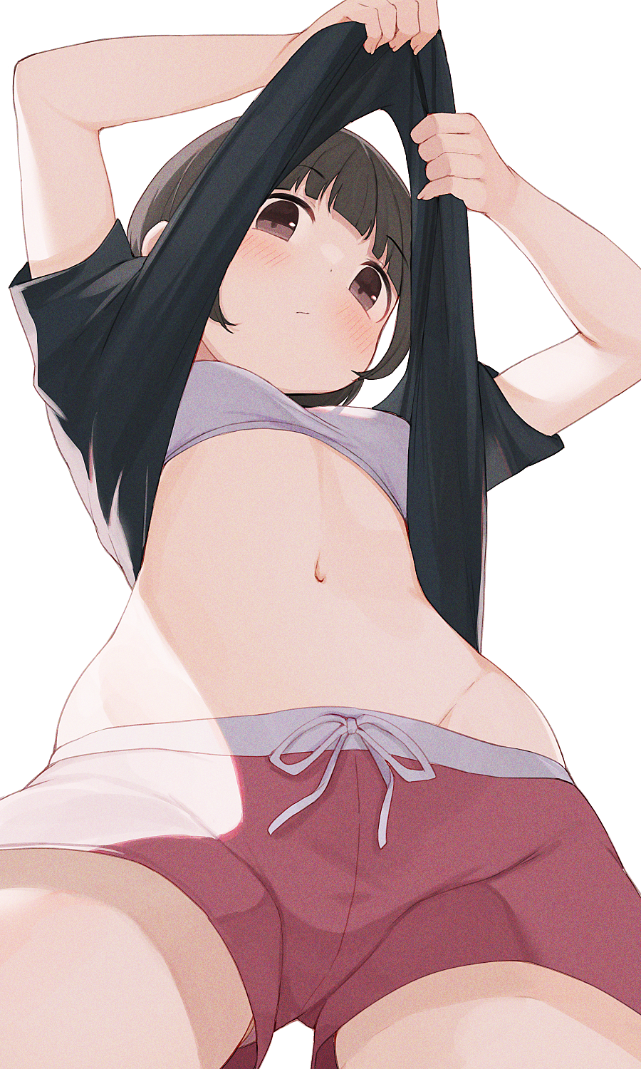 1girl bangs black_hair black_shirt blush bob_cut bra breasts brown_eyes closed_mouth clothes_lift dolphin_shorts eyebrows_visible_through_hair from_below groin hands_up highres hiroki_(yyqw7151) lifted_by_self looking_down navel original red_shorts ribbon shirt shirt_lift short_hair short_sleeves shorts small_breasts solo stomach t-shirt thighs underwear white_background white_bra