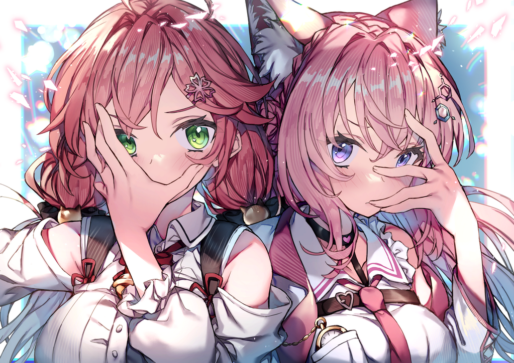 2girls animal_ear_fluff animal_ears bangs bare_shoulders braid breast_pocket clothing_cutout commentary coyote_ears crown_braid english_commentary green_eyes hair_between_eyes hair_ornament hairclip hakui_koyori hand_on_own_face hololive looking_at_viewer low_twintails multiple_girls pink_hair pocket pocket_watch redcomet redhead sailor_collar sakura_miko shoulder_cutout twintails upper_body violet_eyes virtual_youtuber watch