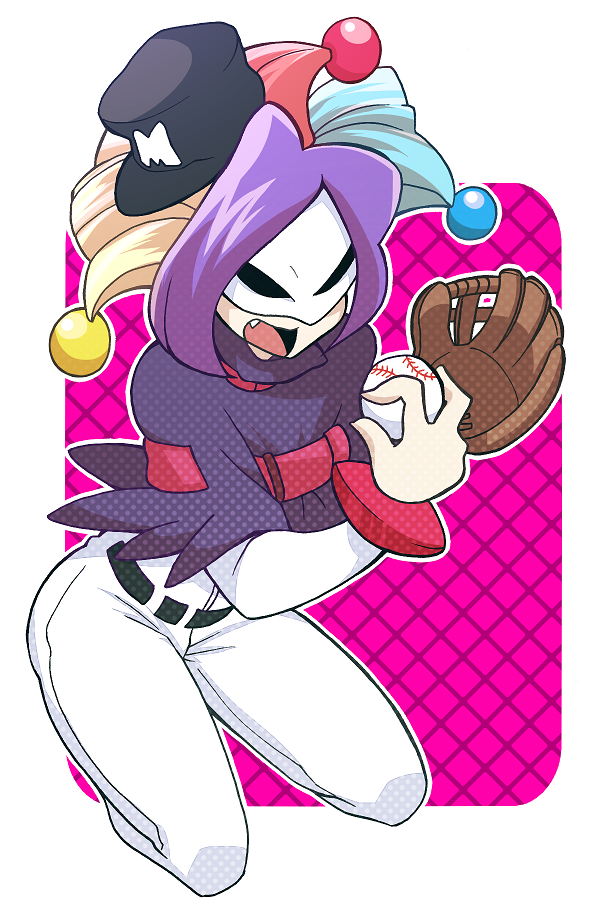 1boy alternate_costume ball baseball baseball_cap baseball_mitt baseball_uniform belt black_headwear border brown_gloves capelet commentary_request cosplay fang full_body gloves hands_up hat holding holding_ball jester_cap joker_(smile_precure!) kneeling long_sleeves male_focus mask minashirazu multicolored_clothes multicolored_headwear multiple_hats open_mouth outline outside_border pants pink_background precure purple_capelet purple_hair shirt short_hair simple_background single_glove smile_precure! solo sportswear touch_(manga) uesugi_tatsuya uesugi_tatsuya_(cosplay) voice_actor_connection white_border white_outline white_pants white_shirt