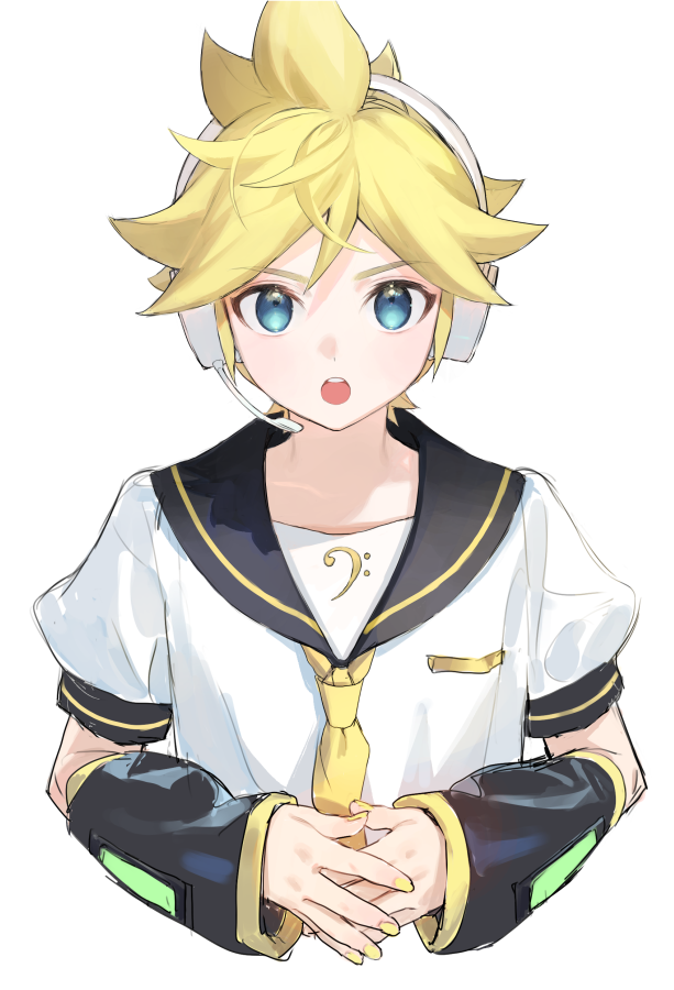 1boy ahoge bangs blonde_hair blue_eyes commentary_request detached_sleeves eyebrows_visible_through_hair fingernails hair_between_eyes hands_up headphones kagamine_len long_sleeves looking_at_viewer microphone nail_polish naoko_(naonocoto) necktie open_mouth own_hands_together puffy_short_sleeves puffy_sleeves sailor_collar shirt short_hair short_sleeves simple_background solo vocaloid white_background white_shirt wide_sleeves yellow_nails yellow_necktie
