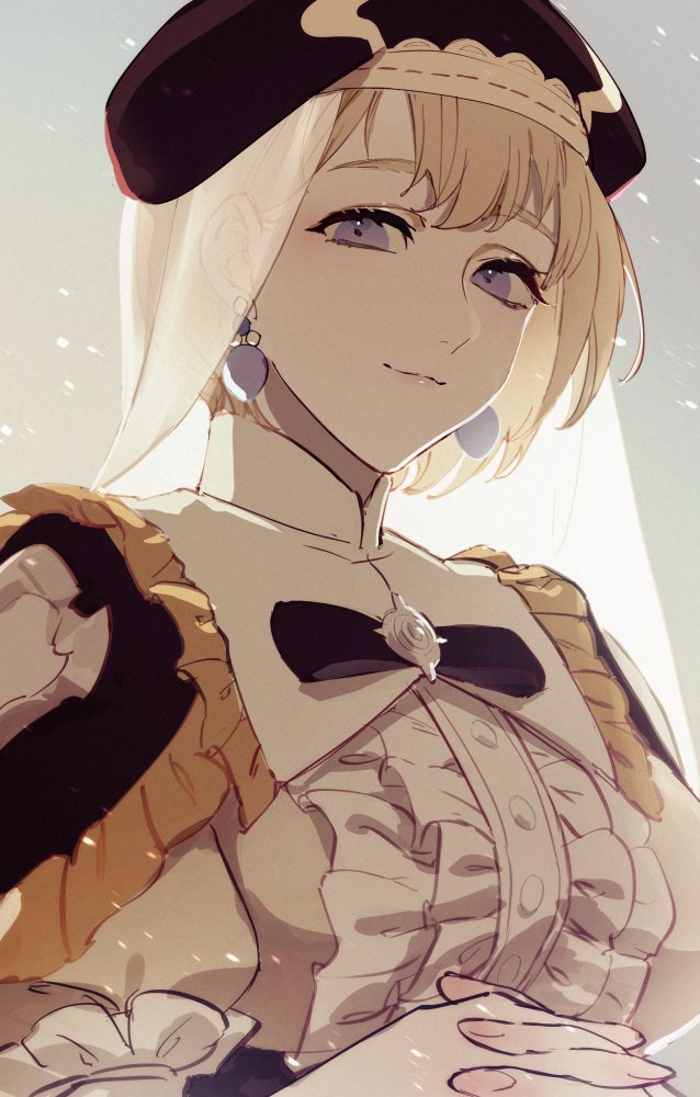 1girl black_headwear blonde_hair breasts closed_mouth commentary dress earrings fire_emblem fire_emblem:_three_houses frilled_dress frills grey_background hat jewelry l0gman lips looking_at_viewer medium_breasts mercedes_von_martritz own_hands_clasped own_hands_together see-through short_hair simple_background smile solo upper_body veil violet_eyes