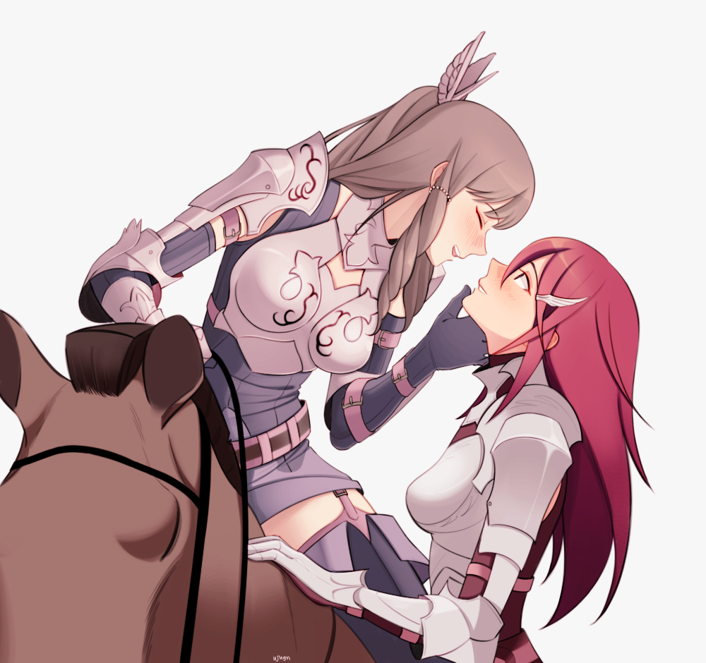 2girls armor blush breastplate breasts closed_eyes cordelia_(fire_emblem) fire_emblem fire_emblem_awakening hair_ornament horse long_hair looking_at_another multiple_girls redhead simple_background sumia_(fire_emblem) ujugn yuri