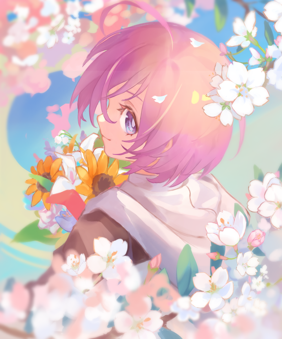 1girl ahoge bouquet brown_jacket cherry_blossoms closed_mouth commentary fate/grand_order fate_(series) flower from_behind holding holding_bouquet hood hood_down hooded_jacket jacket light_purple_hair looking_at_viewer mash_kyrielight multicolored_clothes multicolored_jacket petals pink_flower short_hair smile solo sunflower two-tone_jacket upper_body violet_eyes vogel white_flower white_jacket yellow_flower