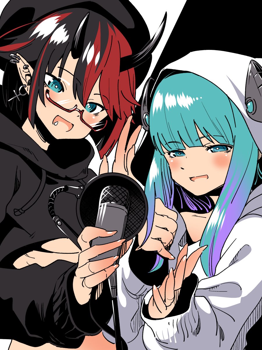 2girls bangs black_hair black_headwear black_hoodie black_horns blue_eyes blue_hair blunt_bangs blush breasts commentary_request cropped_hoodie cross cross_earrings demon_girl demon_horns ear_piercing earrings gradient_hair highres holding holding_microphone hood hood_up hoodie horns jewelry long_sleeves looking_at_viewer microphone multicolored_hair multiple_girls nantyu-a open_mouth piercing pointy_ears purple_hair red-framed_eyewear redhead ryugasaki_rene semi-rimless_eyewear short_hair somunia somunia_room studio_microphone sugar_lyric two-tone_hair under-rim_eyewear under_boob virtual_youtuber white_hoodie